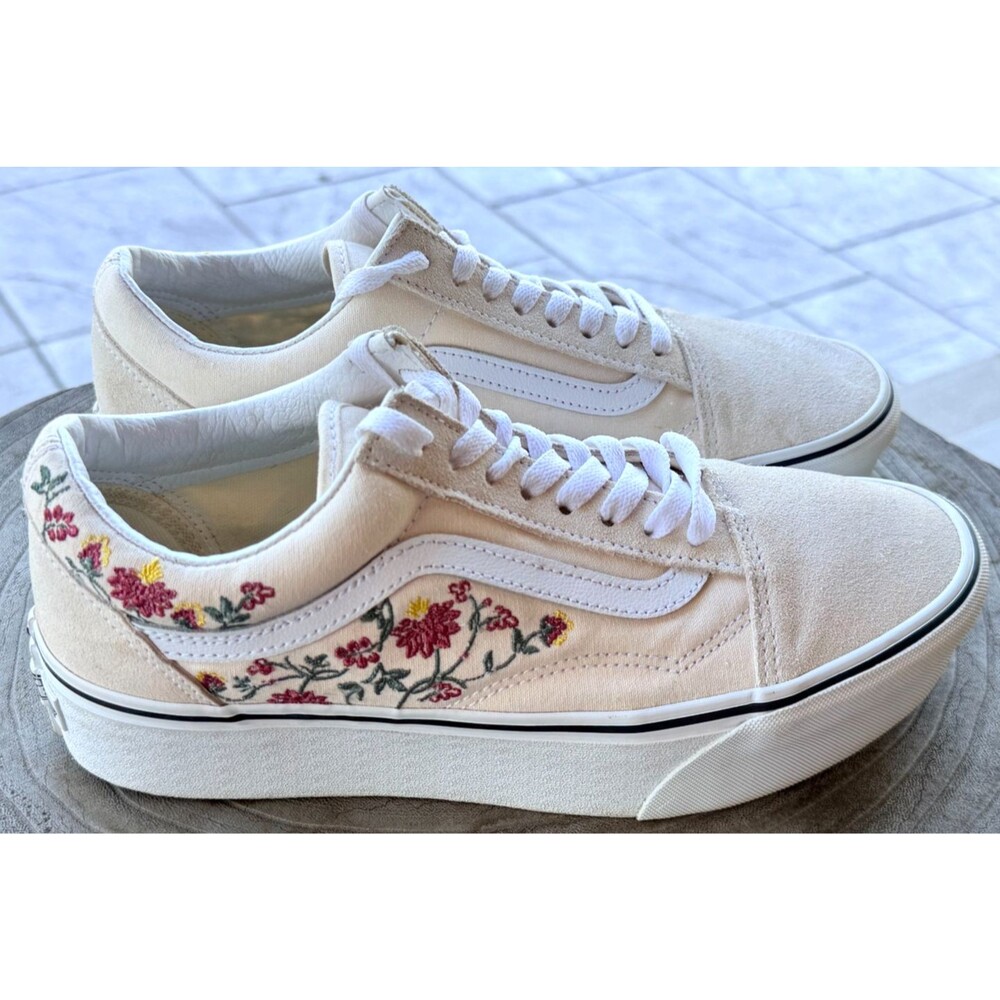 Vans Old Skool Stackform Platform Shoe Cream Sneaker Embroidered Floral SZ 10